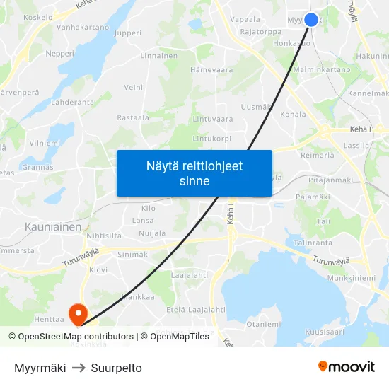 Myyrmäki to Suurpelto map