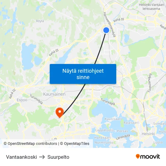 Vantaankoski to Suurpelto map