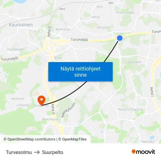 Turvesolmu to Suurpelto map
