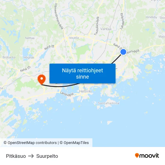 Pitkäsuo to Suurpelto map