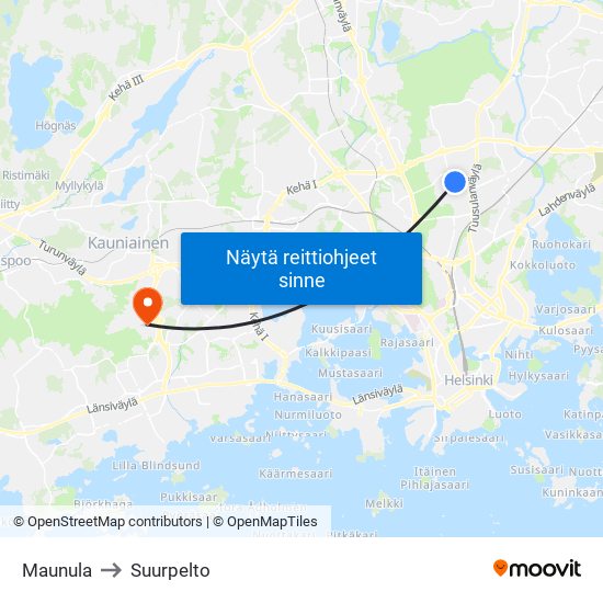 Maunula to Suurpelto map