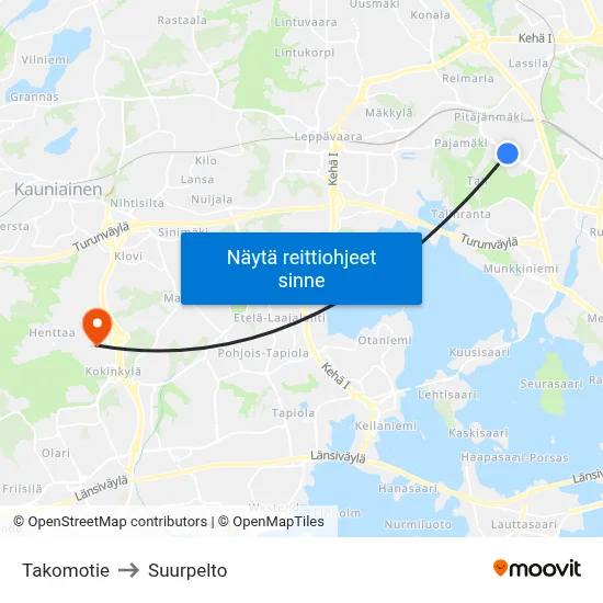 Takomotie to Suurpelto map