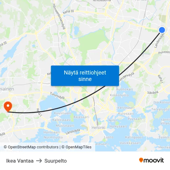Ikea Vantaa to Suurpelto map