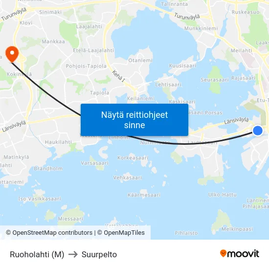 Ruoholahti (M) to Suurpelto map