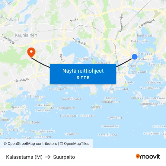 Kalasatama (M) to Suurpelto map