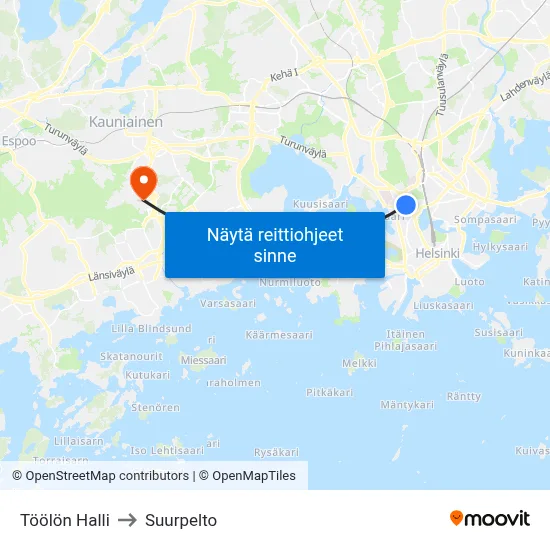 Töölön Halli to Suurpelto map