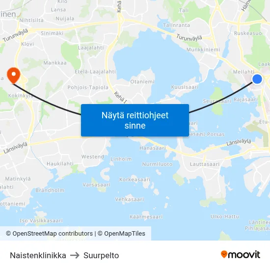 Naistenklinikka to Suurpelto map