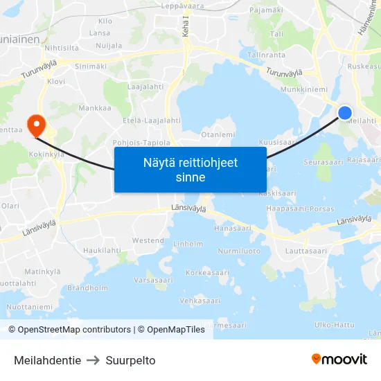 Meilahdentie to Suurpelto map