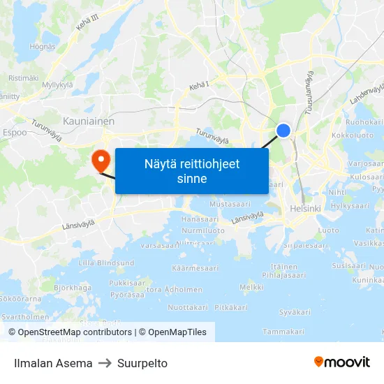 Ilmalan Asema to Suurpelto map