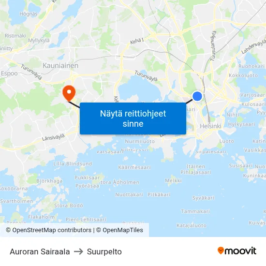 Auroran Sairaala to Suurpelto map