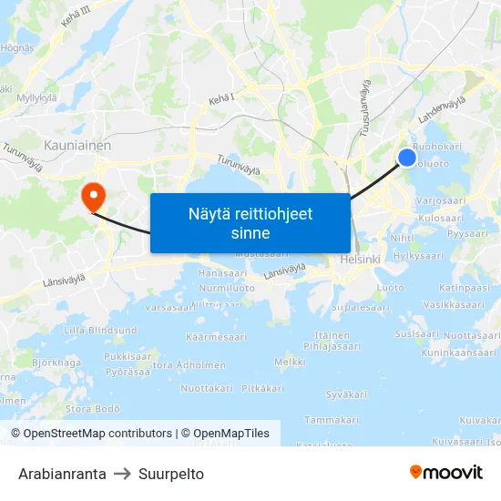 Arabianranta to Suurpelto map