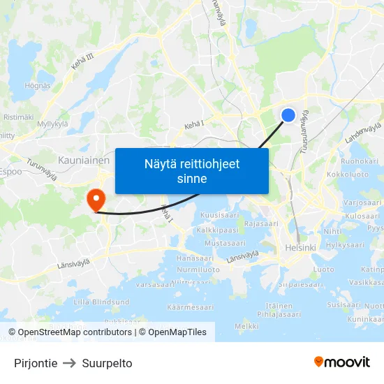 Pirjontie to Suurpelto map