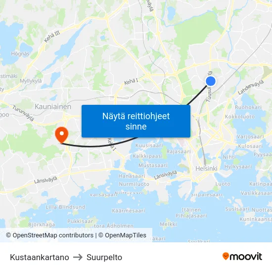 Kustaankartano to Suurpelto map