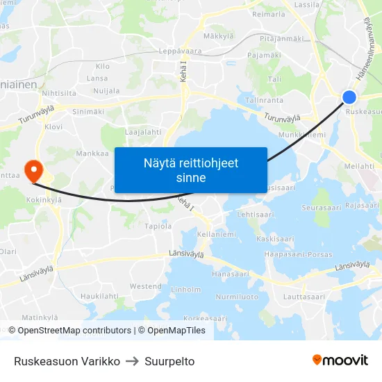 Ruskeasuon Varikko to Suurpelto map