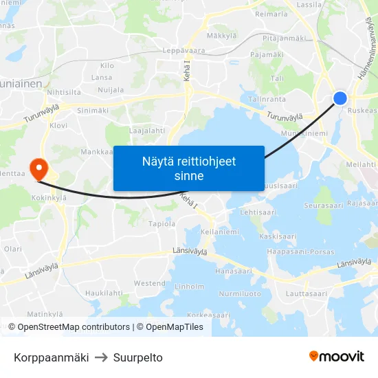 Korppaanmäki to Suurpelto map