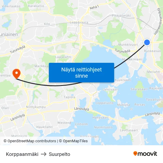 Korppaanmäki to Suurpelto map