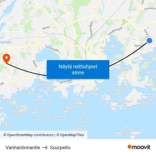 Vanhanlinnantie to Suurpelto map
