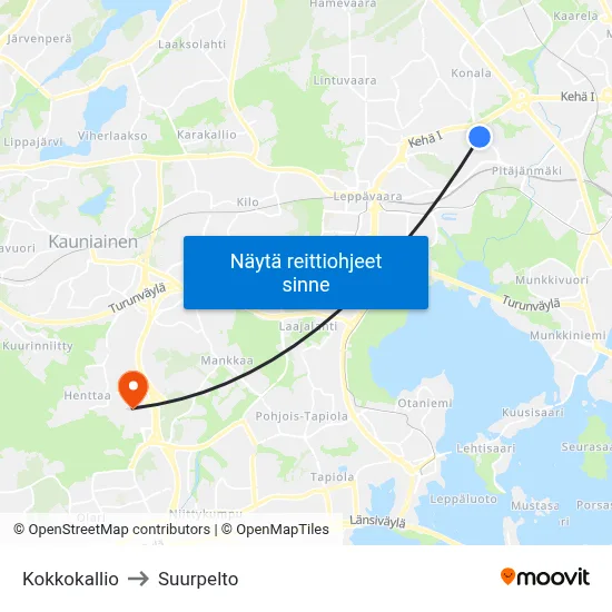 Kokkokallio to Suurpelto map