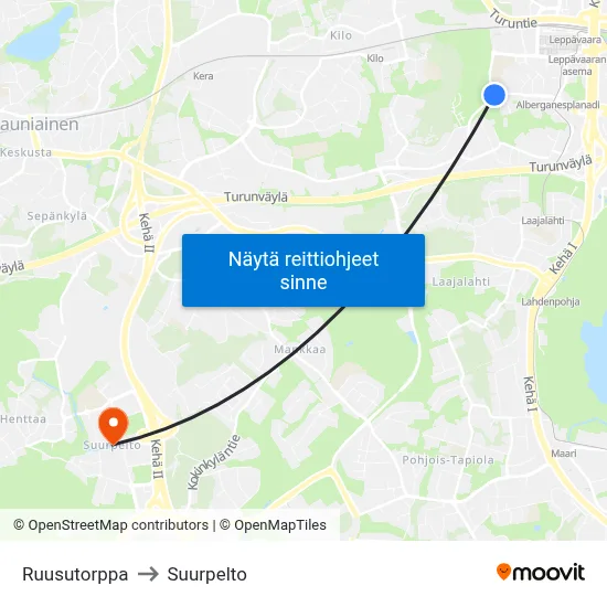 Ruusutorppa to Suurpelto map