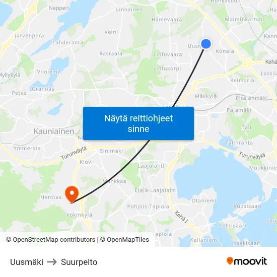 Uusmäki to Suurpelto map