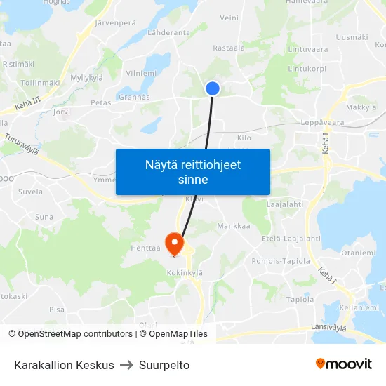 Karakallion Keskus to Suurpelto map