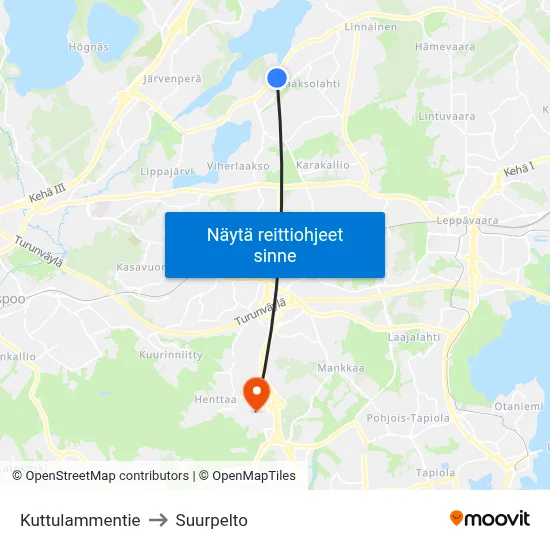 Kuttulammentie to Suurpelto map