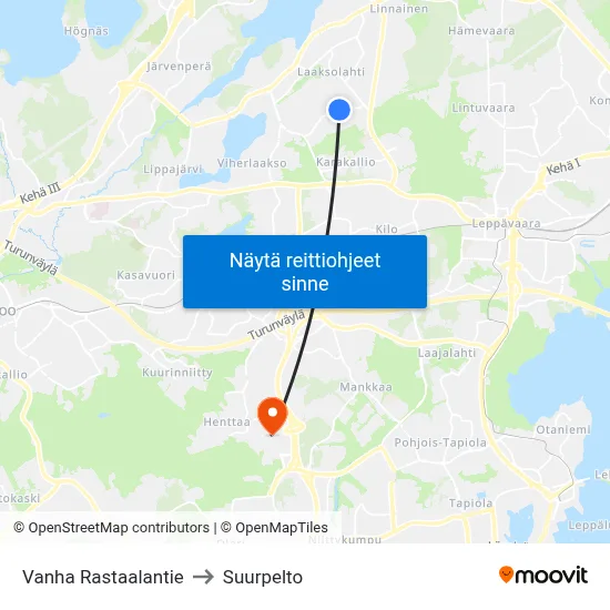Vanha Rastaalantie to Suurpelto map