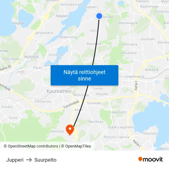 Jupperi to Suurpelto map