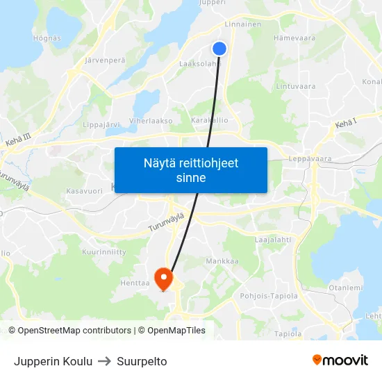 Jupperin Koulu to Suurpelto map