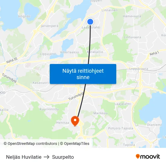 Neljäs Huvilatie to Suurpelto map
