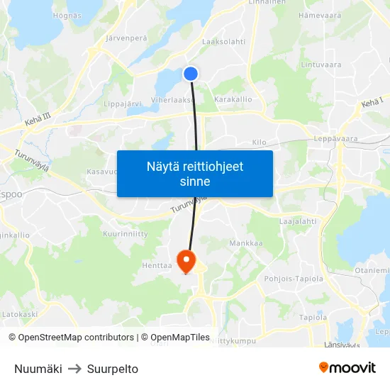 Nuumäki to Suurpelto map