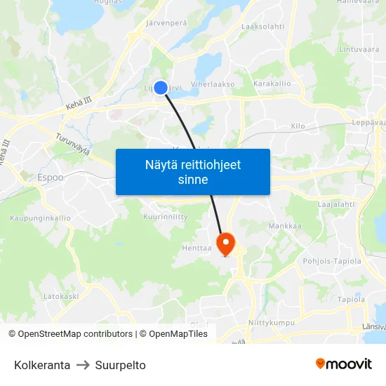 Kolkeranta to Suurpelto map