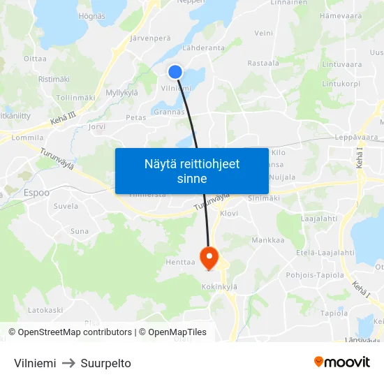 Vilniemi to Suurpelto map