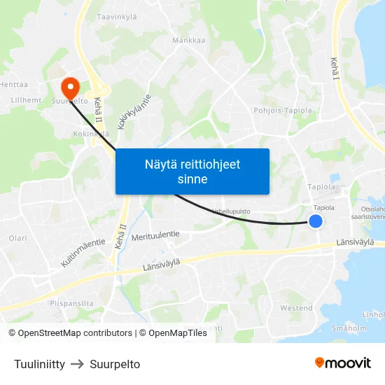 Tuuliniitty to Suurpelto map