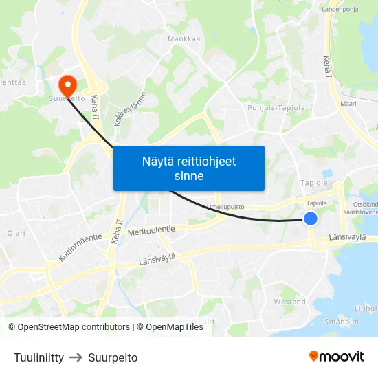 Tuuliniitty to Suurpelto map