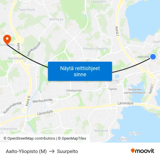Aalto-Yliopisto (M) to Suurpelto map