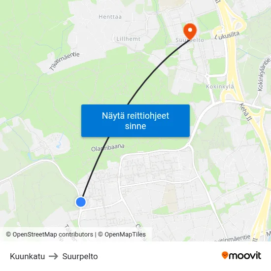 Kuunkatu to Suurpelto map