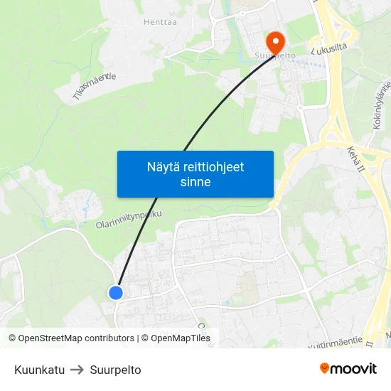 Kuunkatu to Suurpelto map