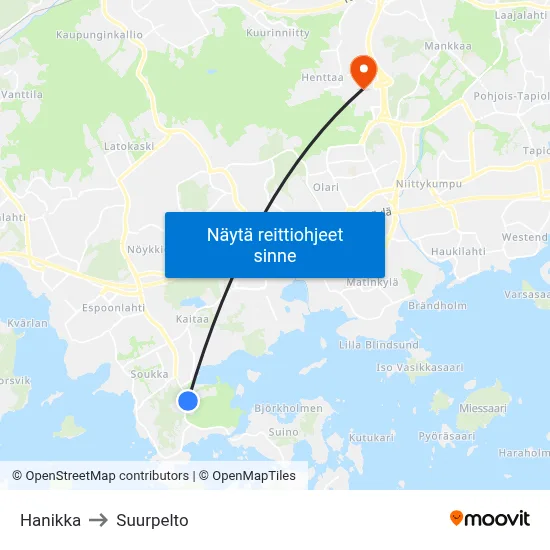 Hanikka to Suurpelto map