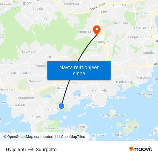 Hyljelahti to Suurpelto map