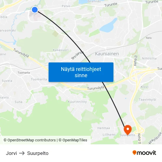 Jorvi to Suurpelto map