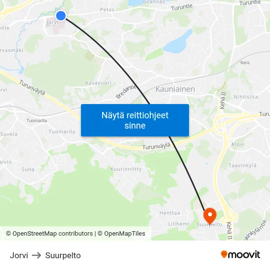 Jorvi to Suurpelto map