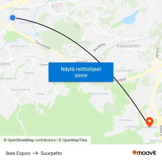 Ikea Espoo to Suurpelto map