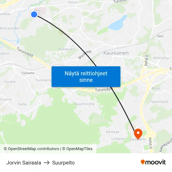 Jorvin Sairaala to Suurpelto map