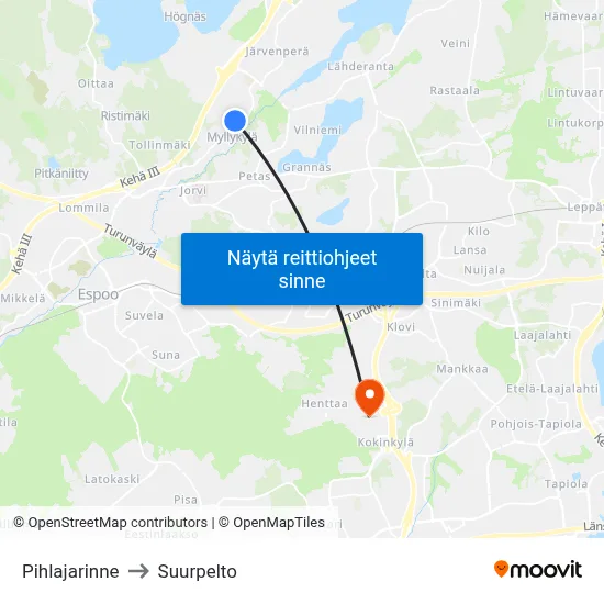 Pihlajarinne to Suurpelto map