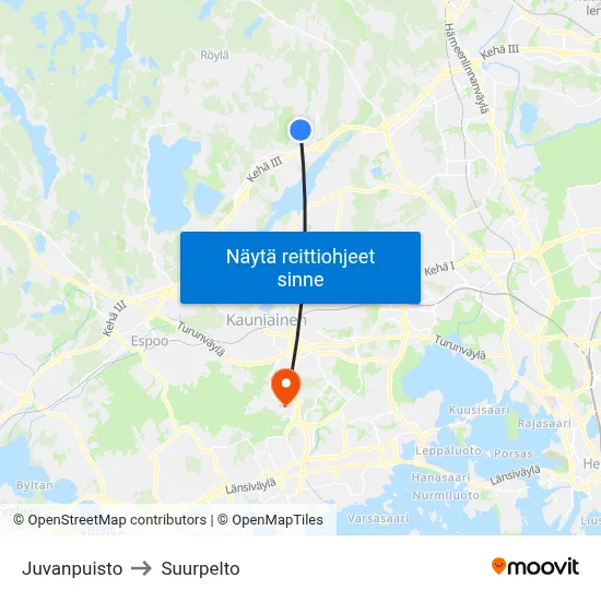 Juvanpuisto to Suurpelto map