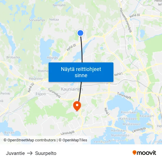Juvantie to Suurpelto map