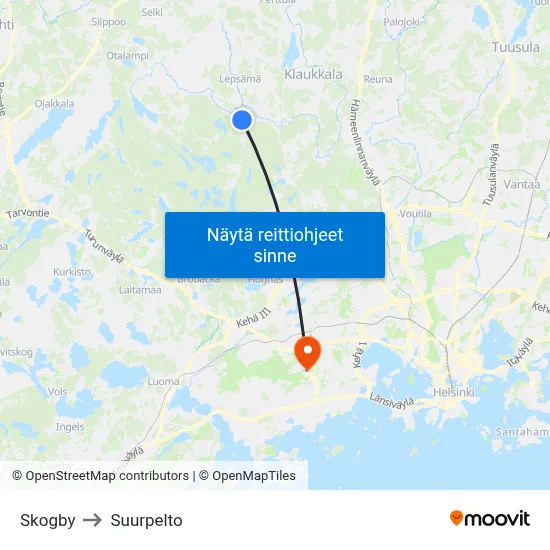 Skogby to Suurpelto map