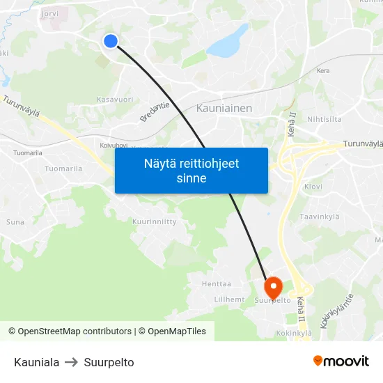 Kauniala to Suurpelto map