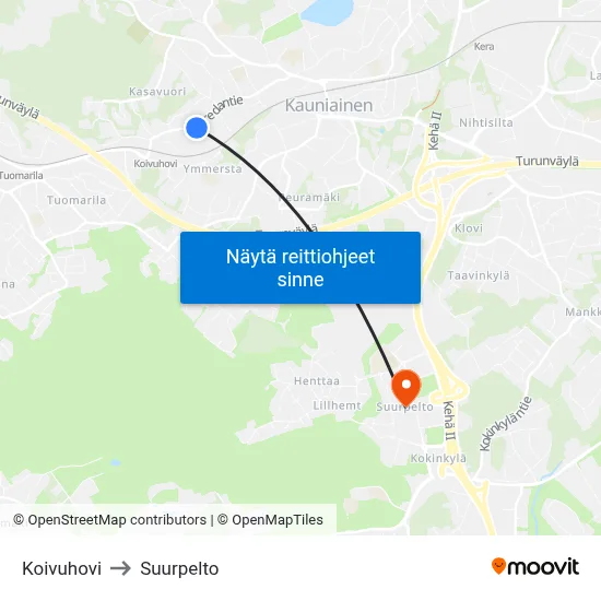 Koivuhovi to Suurpelto map